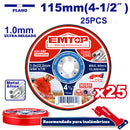 Kit de discos para cortar acero inox de 4 ½ plgs, centro plano, 25 unidades, Emtop