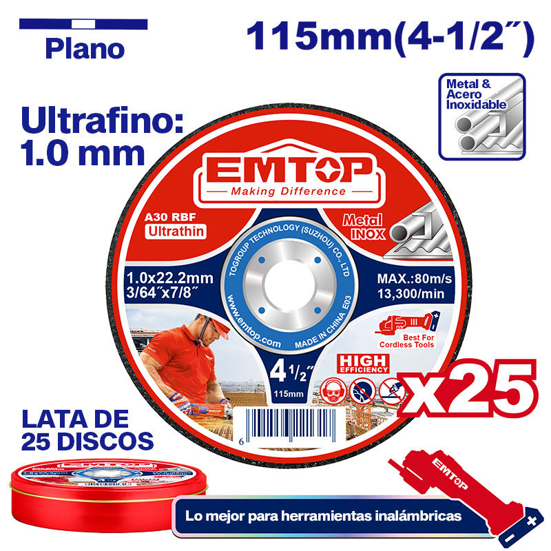 Kit de discos para cortar acero inox de 4 ½ plgs, centro plano, 25 unidades, Emtop, EACD11011525