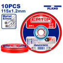 Kit de discos para cortar metal acero inox de 4 ½ plgs, centro plano, 10 unidades, Emtop