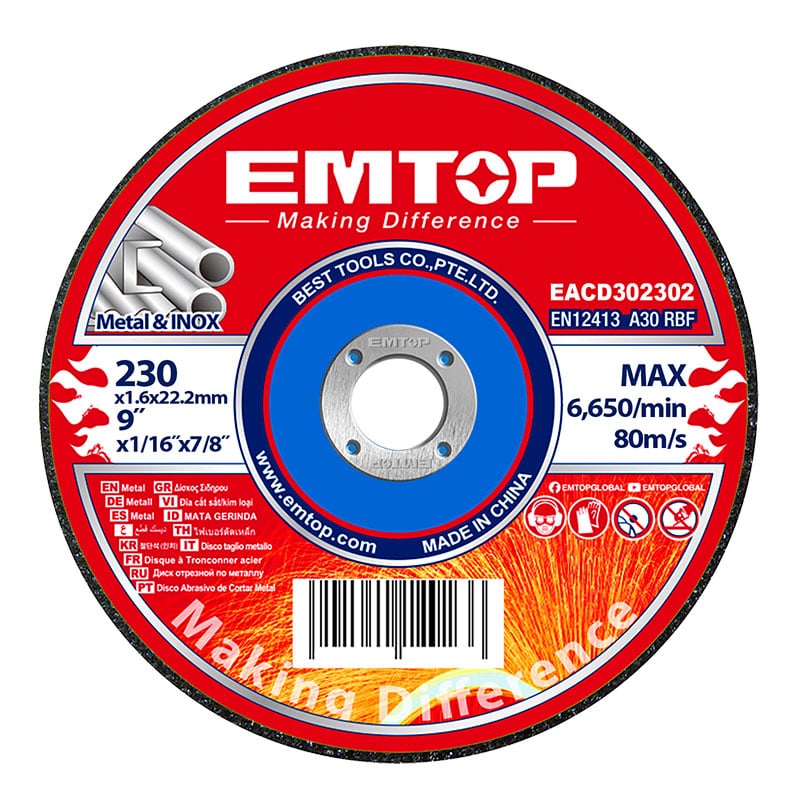 Disco para cortar metal acero inox de 9 plgs, centro plano, Emtop, eacd302302