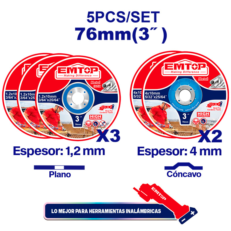 JUEGO 5 DISCOS ABRASIVOS DE 3 PULG. 3 DISCOS DE CORTE Y 2 DISCOS DE DESBASTE METAL COMPATIBLE ELAG7601 ELAG76017. EMTO, EACD303768