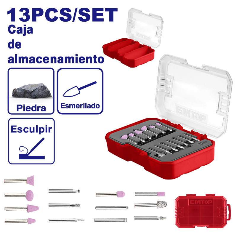 KIT DE 13 PIEZAS PARA DREMEL / ROTO TOOL, PARA CORTE DE METAL, CON ESTUCHE PLASTICO. EMTOP, EAKMG2013