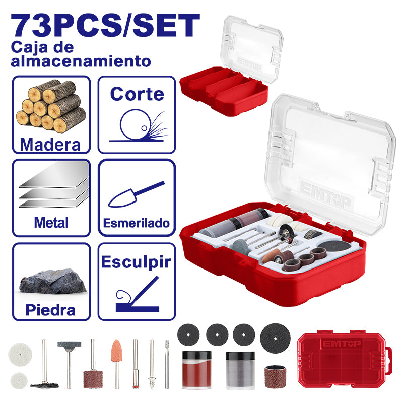KIT DE 73 PIEZAS PARA DREMEL / ROTO TOOL, USO GENERAL, CON ESTUCHE PLASTICO. EMTOP, EAKMG7072