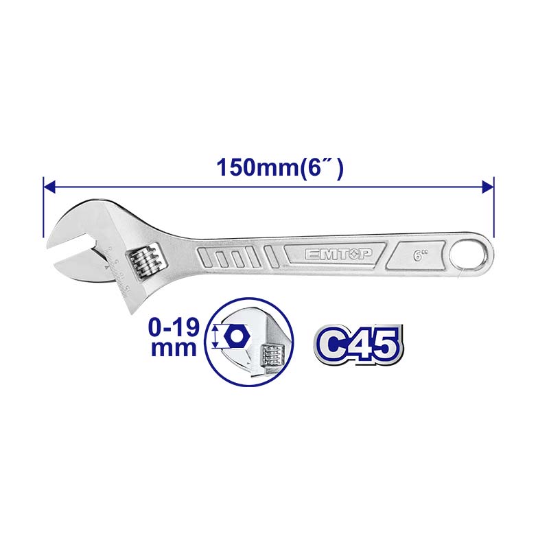 LLAVE AJUSTABLE / CANGREJO CROMADO DE 6 PULGADAS. MARCA EMTOP