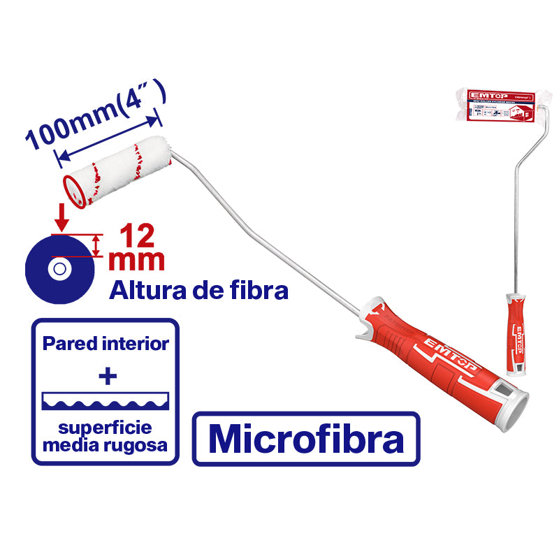 RODILLO DE MICROFIBRA DE 4 PULGADAS, INCLUYE FELPA, MANGO PLASTICO. EMTOP, ECBH061001