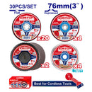 JUEGO DE 30 DISCOS DE 3 PULG. ABRASIVO, DIAMANTE Y FLAP DISC, CORTE Y DESBASTE, IDEAL PARA MINI ESMERIL ELAG7601. EMTOP