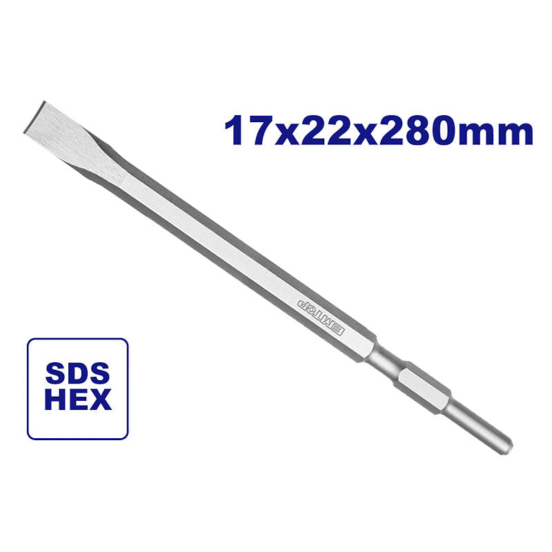 Cincel plano de 17 x 280 mm sistema hexagonal para demoledor EDBRH1301 y ULDBRH1301 Emtop ECHS072822