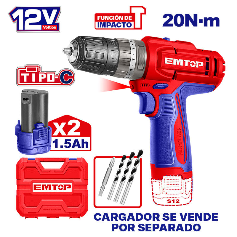 TALADRO PERCUTOR ATORNILLADOR INALAMBRICO 3/8, 12V. 20NM, 2 BATERIAS ENTRADA TIPO C. SIN CARGADOR. EMTOP, ECIDL12206