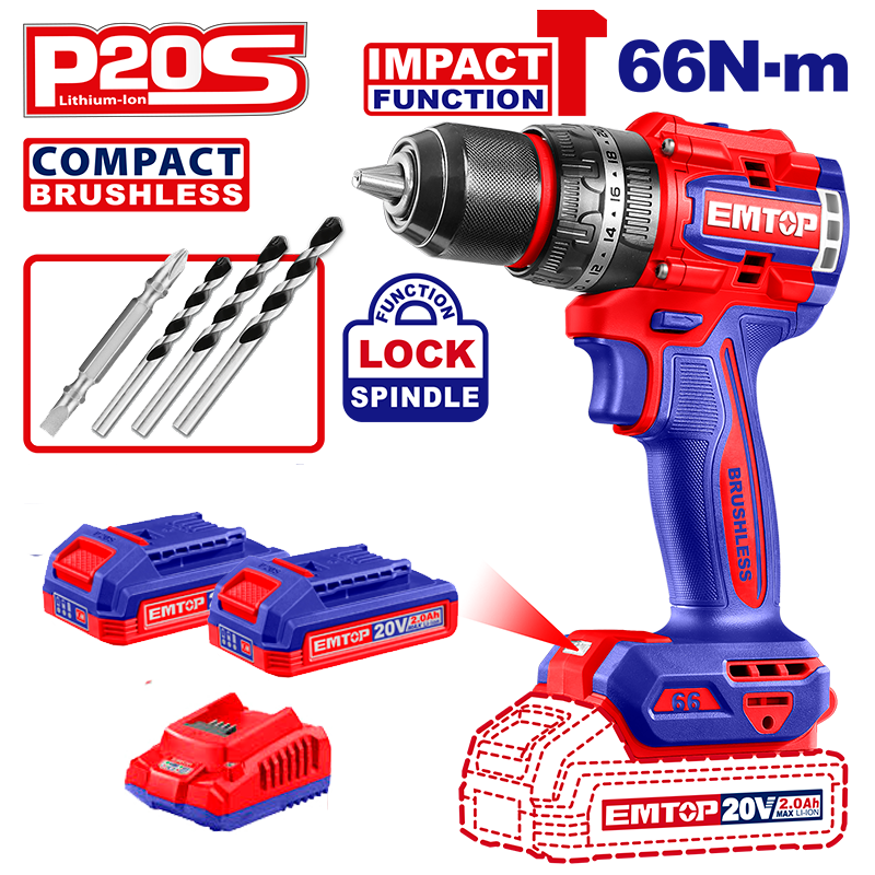 Barreno percutor inalámbrico de 1/2 plg, con baterías y cargador, Emtop, Ecidl206681