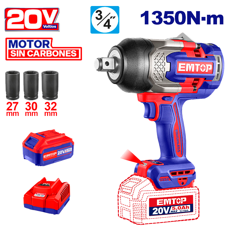 Llave de impacto inalámbrica de 3/4 plgs 1350 Nm con batería y cargador Emtop ECIWL201351