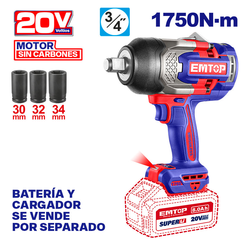 Llave de impacto inalámbrica de 3/4 plgs 1750 Nm con batería y cargador Emtop ECIWL201751