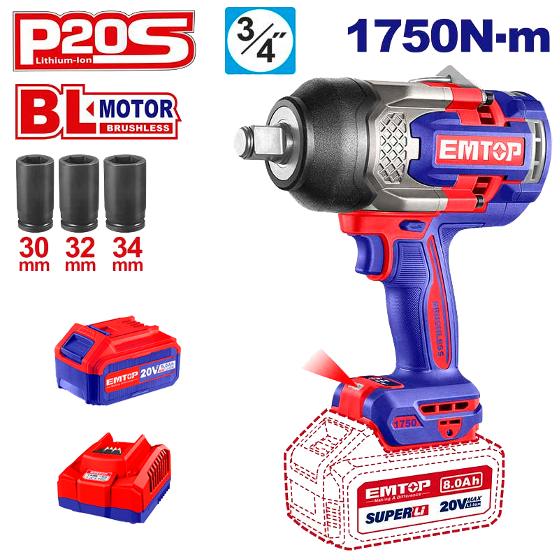 Llave de impacto inalámbrica de 3/4 plgs 1750 Nm con batería y cargador Emtop ECIWL201751