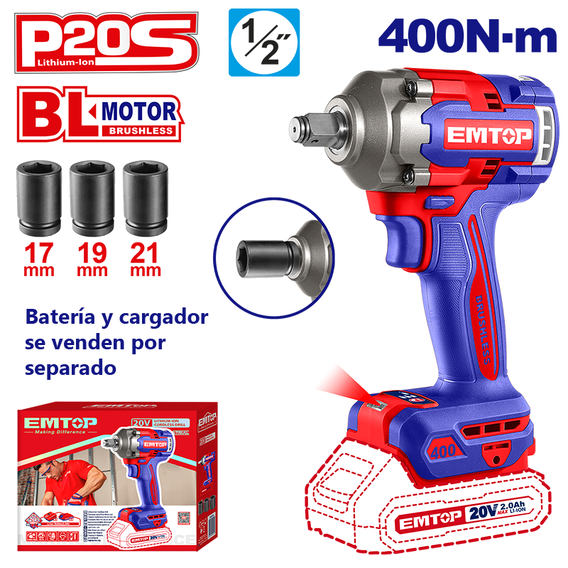 Llave de impacto inalámbrica de 1/2 plg, 400 Nm, sin batería ni cargador, Emtop, ECIWL20401