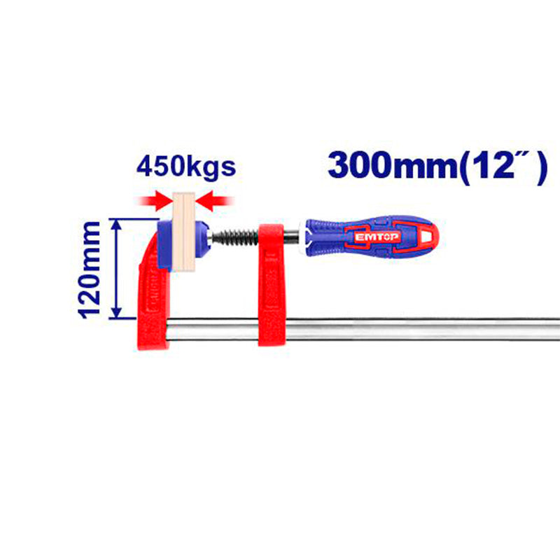 PRENSA ABRAZADERA TIPO F, 12 PULG. FUERZA DE SUJECION 450KGS LARGO 120 X 300 MM. MARCA EMTOP, ECLPF12101
