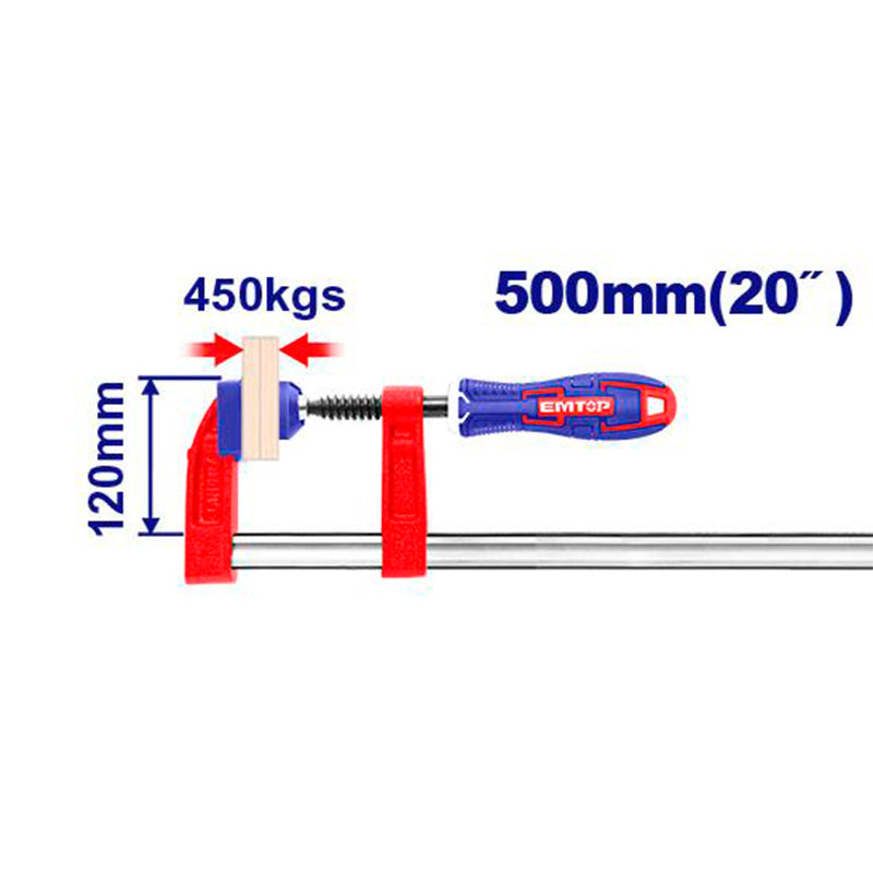 PRENSA ABRAZADERA TIPO F, FUERZA DE SUJECION 450KGS LARGO 120 X 500 MM. MARCA EMTOP, ECLPF12301