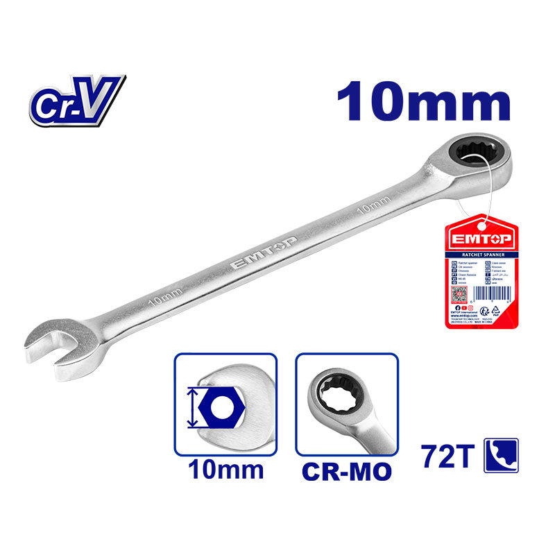 LLAVE COLA CORONA CON RATCH DE 10 MILIMETROS 12 PUNTOS CROMO VANADIO. MARCA EMTOP, ECSPAR101