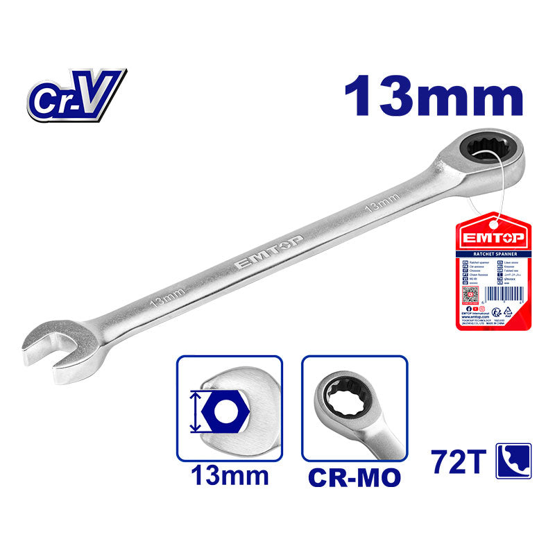 LLAVE COLA CORONA CON RATCH DE 13 MILIMETROS 12 PUNTOS CROMO VANADIO. MARCA EMTOP, ECSPAR131