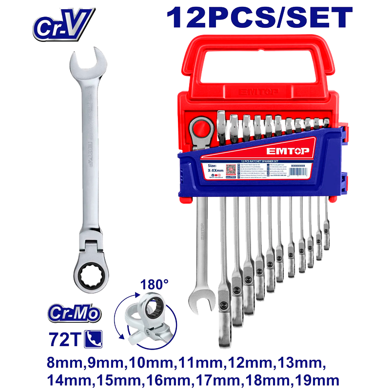 Juego de llaves articuladas ratch de 12 unidades milimétricas Emtop ECSS101203