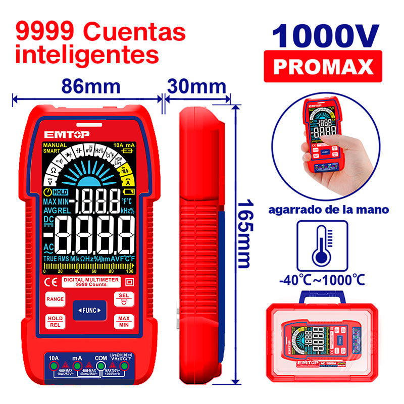 MULTIMETRO DIGITAL 1000 VOLTIOS, PANTALLA A COLOR, VOLTAJE CC/CA, CORRIENTE CC/CA. EMTOP, EDMR5110004