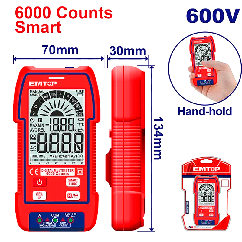 Multímetro digital de 600 V con funciones inteligentes Emtop EDMR516004