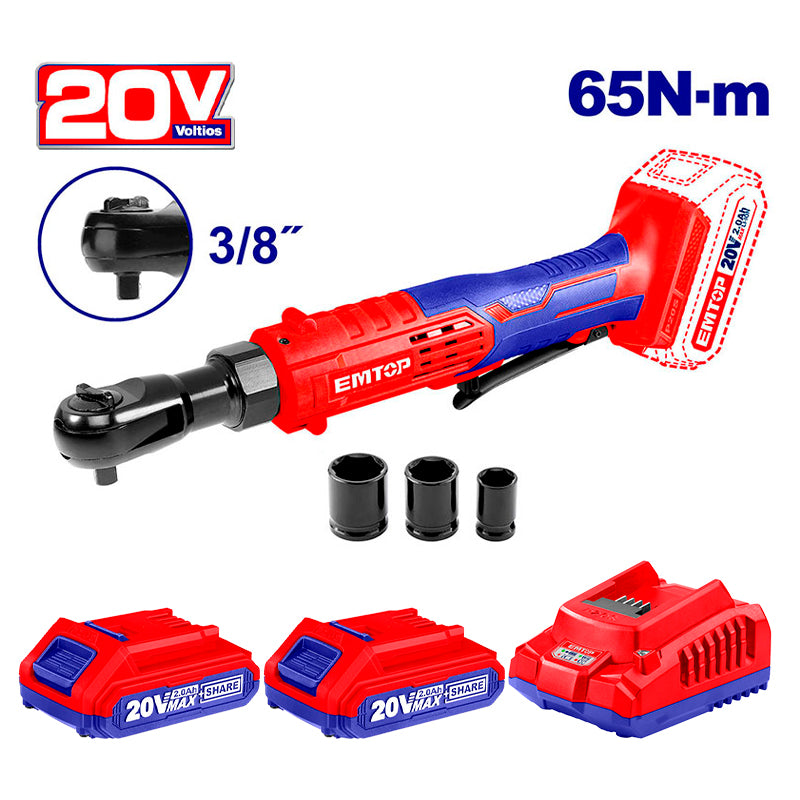 RATCHET DE 3/8 INALAMBRICO 20 VOLT, FUERZA 65NM, 0-250 RPM, CON 3 COPAS MM, CON 2 BATERIAS Y CARGADOR. BARE TOOL. EMTOP, EDRL2060151-ULBCPK
