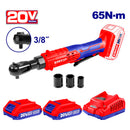 RATCHET DE 3/8 INALAMBRICO 20 VOLT, FUERZA 65NM, 0-250 RPM, CON 3 COPAS MM, CON 2 BATERIAS Y CARGADOR. BARE TOOL. EMTOP