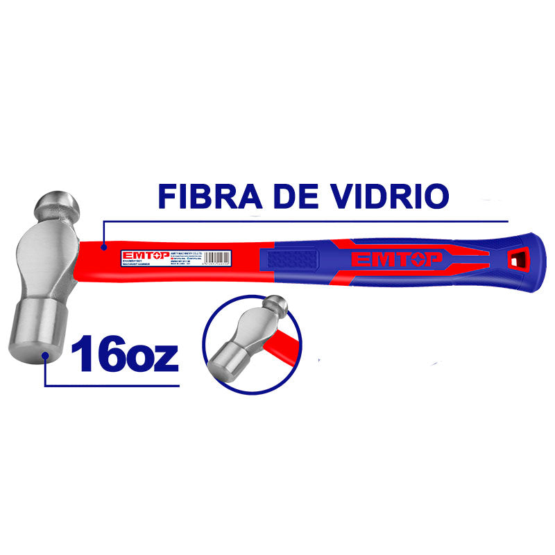 Martillo de bola de 16 onzas, fibra de vidrio, Emtop, EHAMBH1601