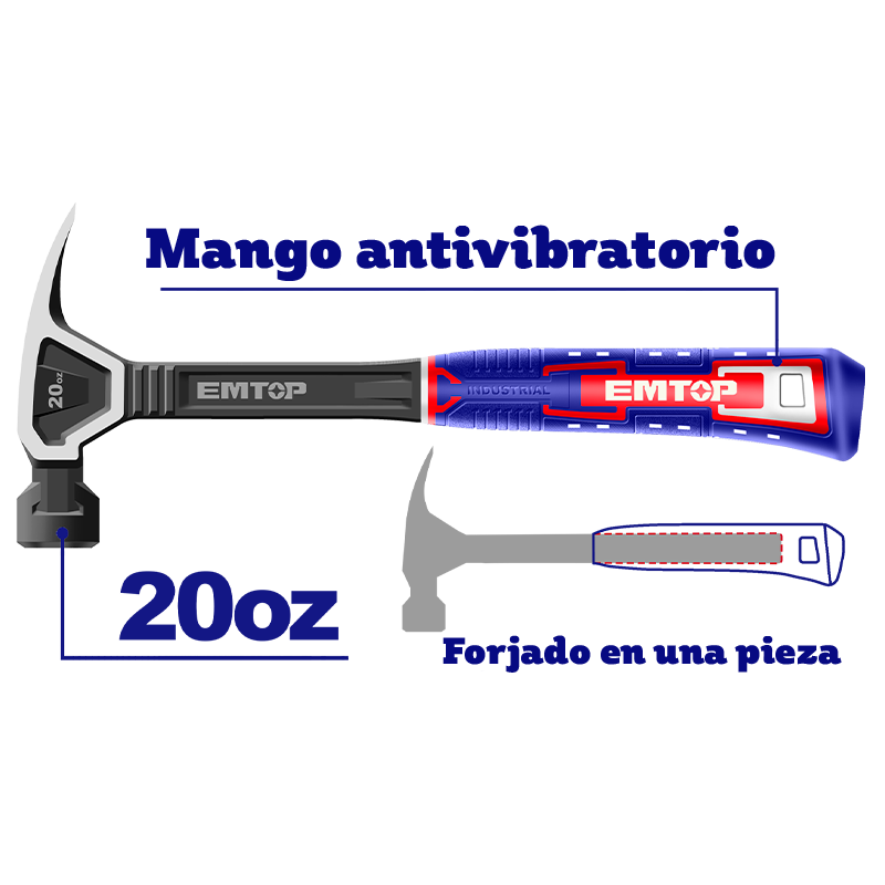 MARTILLO DE UÑA DE 20 ONZAS ANTI VIBRACION, TOTALMENTE DE ACERO FORJADO MANGO ANTI DESLIZANTE. MARCA EMTOP