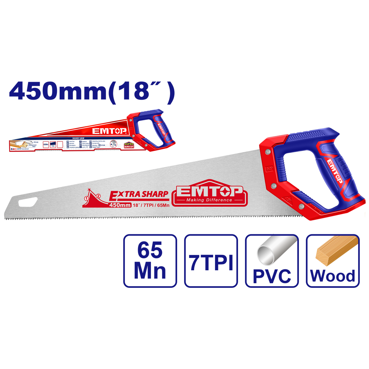 SERRUCHO DE 18 PULGADAS 7 DIENTES POR PULGADA. MARCA EMTOP, EHAS4502