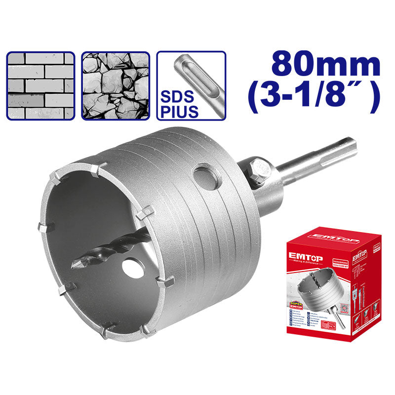 SIERRA COPA 3-1/8 PLG. PARA CONCRETO, DIENTES DE CARBURO, ENCASTRE SDS PLUS, CON ADAPTADOR Y BROCA GUIA. EMTOP, EHCS0801