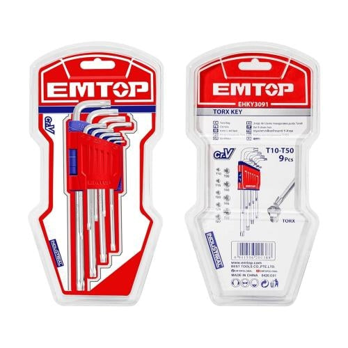 Juego de 9 llaves Torx, con brazo extra largo, Emtop, ehky3092, EHKY3092