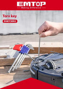 Juego de 9 llaves Torx, con brazo extra largo, Emtop, ehky3092