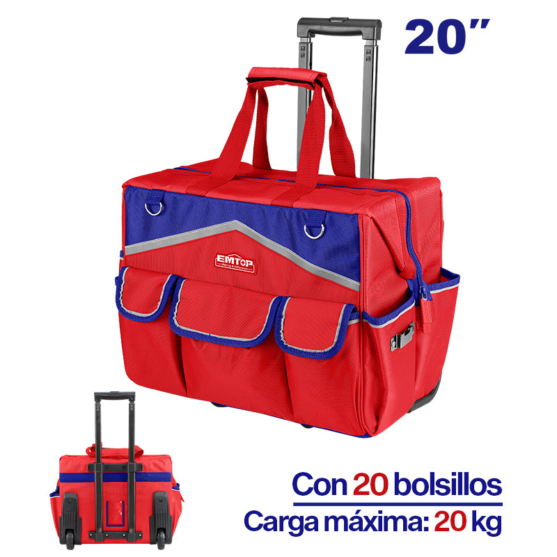 BOLSA DE HERRAMIENTAS RIGIDA CON RUEDAS, ASA TELESCOPICA Y MULTIPLES COMPARTIMENTOS. EMTOP, EHRRTB2013