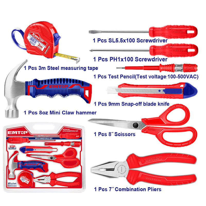 Juego de herramientas manuales, 8 piezas, Emtop, ehts01081, EHTS01081