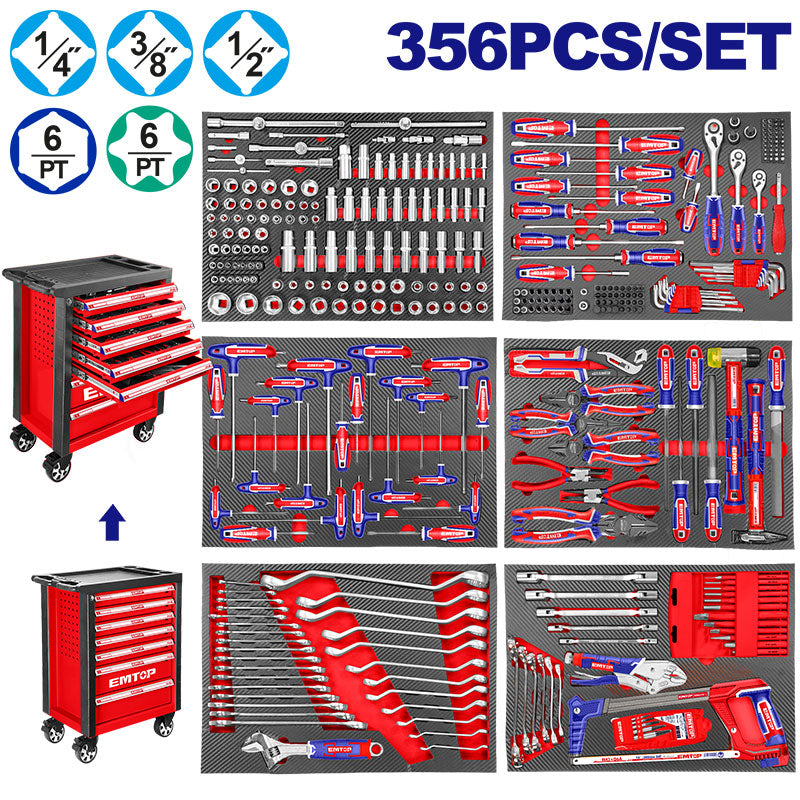 SET DE HERRAMIENTAS 356 PIEZAS CON GABINETE DE 7 GABETAS Y RUEDAS, INCLUYE RATCH, DADOS, LLAVES, DESTORNILLADORES Y ACCE, EHTS03561
