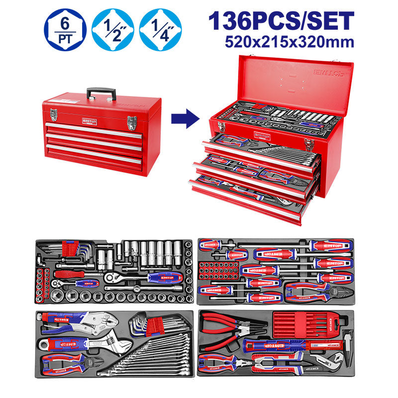 SET DE HERRAMIENTAS 136 PIEZAS CON GABINETE METALICO, INCLUYE RATCH, DADOS, LLAVES, DESTORNILLADORES Y ACCESORIOS. EMTOP, EHTS41368