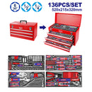 SET DE HERRAMIENTAS 136 PIEZAS CON GABINETE METALICO, INCLUYE RATCH, DADOS, LLAVES, DESTORNILLADORES Y ACCESORIOS. EMTOP