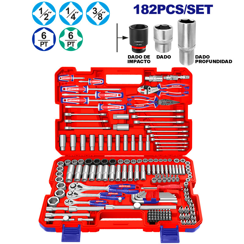 JUEGO DE HERRAMIENTAS PARA MECANICA 182 PIEZAS, DADOS, RATCHETS Y LLAVES COMBINADAS, CON MALETA. EMTOP, EHTS41828