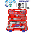JUEGO DE HERRAMIENTAS PARA MECANICA 182 PIEZAS, DADOS, RATCHETS Y LLAVES COMBINADAS, CON MALETA. EMTOP