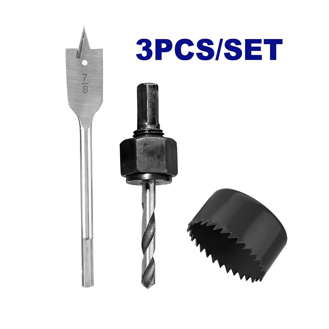 SET DE 3 PIEZAS PARA INSTALACION DE CERRADURAS, BROCA SIERRA 2 1/8, BROCA PALETA 7/8 Y EJE 3/8. MARCA EMTOP, EKHS302