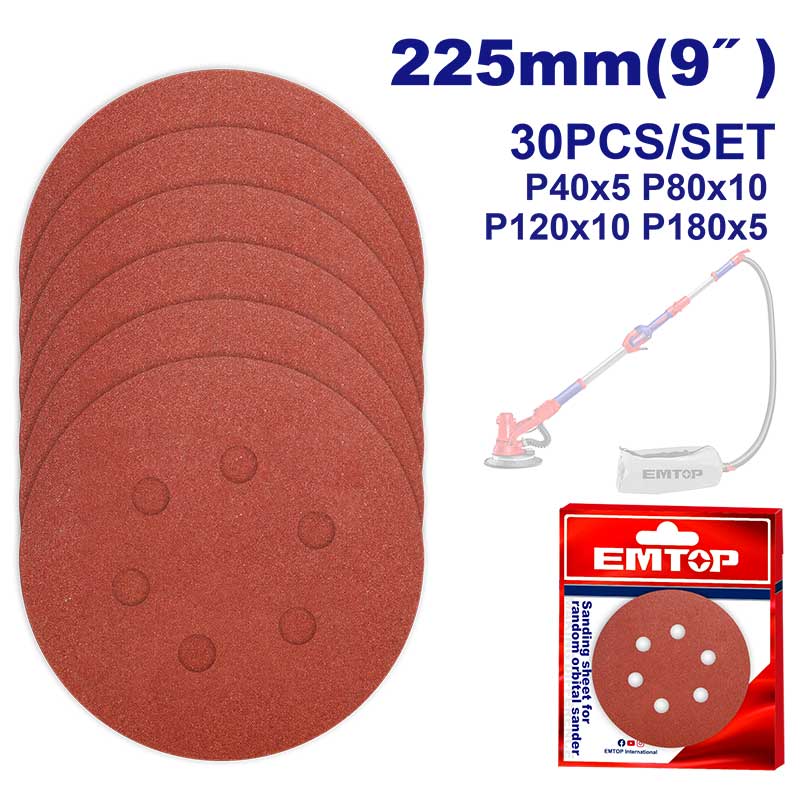 SET DE 30 DISCOS DE LIJA CON VELCRO 9 PULG GRANOS 40 80 120 Y 180 IDEAL PARA LIJADORA ULDSD105016. EMTOP, EKRS225030