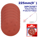 SET DE 30 DISCOS DE LIJA CON VELCRO 9 PULG GRANOS 40 80 120 Y 180 IDEAL PARA LIJADORA ULDSD105016. EMTOP