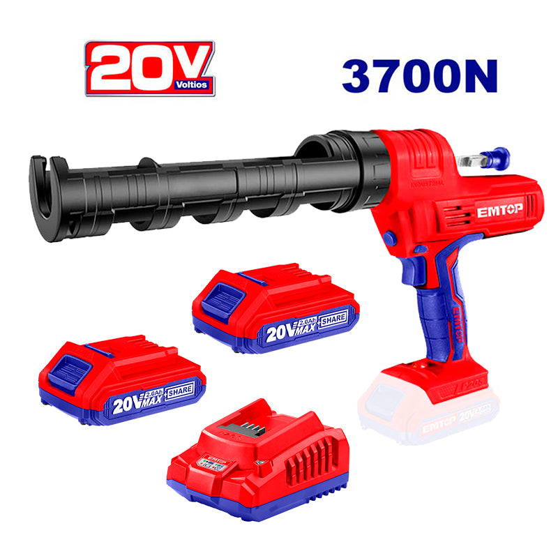 PISTOLA DE CALAFATEO INALAMBRICA 20V, CARTUCHO 10 PULG. APLICACION DE SILICON, CON 2 BATERIAS Y CARGADOR. EMTOP, ELCG2001-ULBCPK
