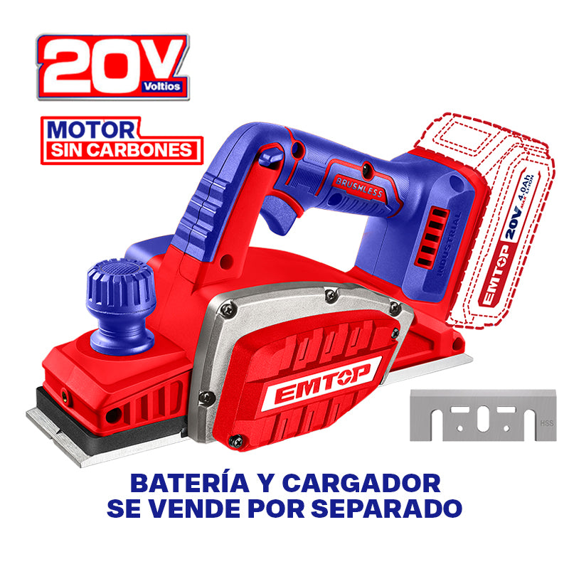 Cepillo inalambrico de 3 1/4 plgs de 20 voltios con 1 batería y cargador Emtop ELCR20401