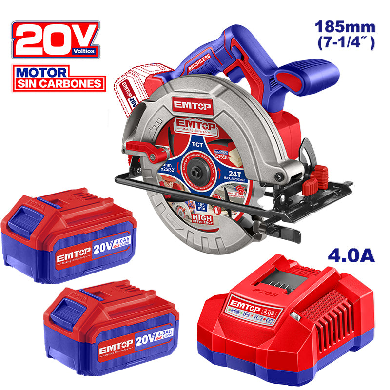 Sierra circular inalámbrica 7 1/4 plgs de 20 voltios con 2 baterías y cargador Emtop ELCS1851-EBPK