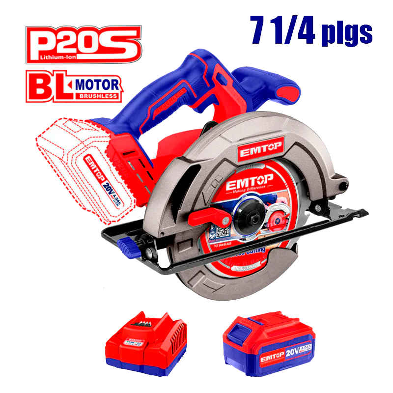 Sierra circular inalámbrica 7 1/4 plgs de 20 voltios con 2 baterías y cargador Emtop ELCS1851-EBPK