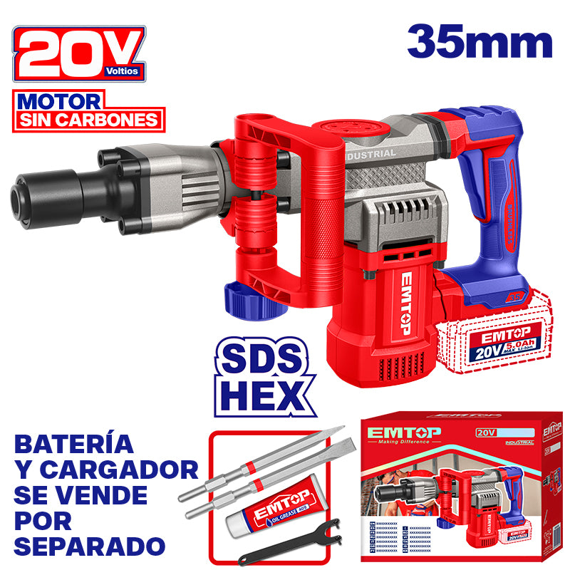 DEMOLEDOR INALAMBRICO 20V, BRUSHLESS, 16 JOULES, 0-3200 BPM, ENCASTRE HEX. SIN BATERIA Y CARGADOR, BARE TOOL. EMTOP, ELDB20358