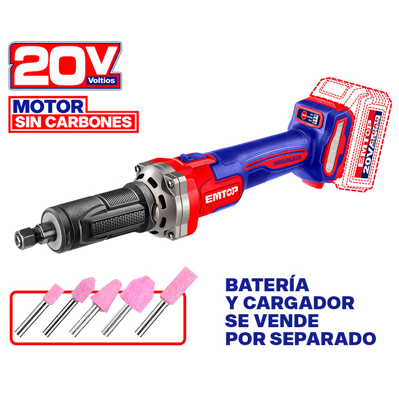 ESMERIL RECTO INAL 20V, BRUSHLESS, VV 10000-30000 RPM, COLLET 1/4, 5 PZAS, SIN BATERIA NI CARGADOR, BARE TOOL, EMTOP, ELDG2001