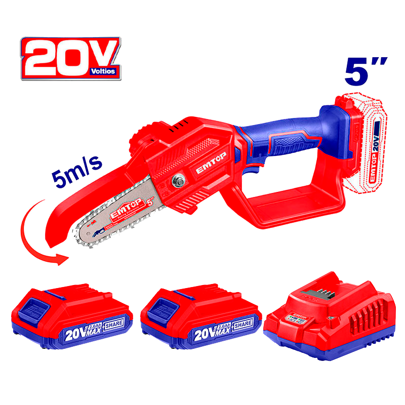 Motosierra inalámbrica de 5 plgs 20 voltios con 2 baterías y cargador Emtop ELGA2058-ULBCPK