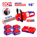 MOTOSIERRA INALAMBRICA ESPADA DE 16 PULGADAS, 20 VOLTIOS, BRUSHLESS, CON 4 BATERIAS Y CARGADOR DOBLE DE PUERTO. EMTOP